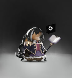 Rule 34 | 1girl, anger vein, animalization, black background, black hair, book, capybara, commentary request, detached sleeves, dress, full body, grey background, holding, holding staff, karyl (princess connect!), long hair, long sleeves, open book, princess connect!, purple dress, shadow, solo, spoken anger vein, staff, standing, tail, very long hair, zhiyan li