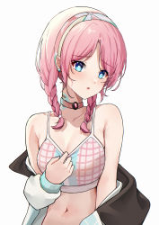Rule 34 | 1girl, :o, absurdres, arknights, bare shoulders, blue eyes, blue poison (arknights), blue poison (shoal beat) (arknights), blush, braid, breasts, choker, cleavage, collarbone, commentary, earrings, hairband, highres, jacket, jewelry, long hair, long sleeves, looking at viewer, medium breasts, navel, off shoulder, official alternate costume, open clothes, open jacket, parted bangs, parted lips, pink choker, simple background, solo, sports bra, symbol-only commentary, twin braids, upper body, white background, ying jing meng