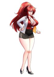 Rule 34 | absurdres, black footwear, black skirt, blue eyes, borrowed character, breasts, canadiananiguy, cleavage, hair tie, hand on own hip, highres, id card, jacket, jewelry, large breasts, legs, long hair, necklace, office lady, original, ponytail, red hair, red shirt, shirt, skirt, thighs, very long hair, white background, white jacket, will (willanator93)