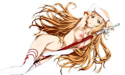 Rule 34 | 1girl, absurdres, arm at side, arm on own head, armor, armpits, arms up, asuna (sao), boots, breasts, brown eyes, brown hair, highres, holding, holding sword, holding weapon, long hair, long sleeves, looking at viewer, lying, medium breasts, navel, nipples, nude, on back, open mouth, pussy, solo, sword, sword art online, thigh boots, thighhighs, third-party edit, transparent background, weapon, white armor