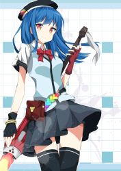Rule 34 | 1girl, adapted costume, belt, black gloves, black hat, black skirt, black thighhighs, blouse, blue hair, bow, bowtie, ceros, closed mouth, cowboy shot, fingerless gloves, gloves, hat, hinanawi tenshi, holding, holding sword, holding weapon, looking at viewer, miniskirt, pouch, red bow, red bowtie, red eyes, red gloves, shirt, short sleeves, skirt, smile, solo, sword, thighhighs, touhou, weapon, wing collar