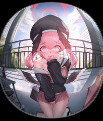 Rule 34 | 1girl, @ @, absurdres, beret, black wings, blue archive, blush, commentary, feathered wings, halo, hat, head wings, highres, koharu (blue archive), long hair, long sleeves, looking at viewer, low wings, open mouth, pink eyes, pink hair, pink halo, pink skirt, sailor collar, shirt, single bare shoulder, skirt, solo, top tank, twintails, wings
