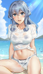 Rule 34 | 1girl, blue eyes, blue hair, breasts, cloud, collarbone, day, gotland (kancolle), groin, hair between eyes, highres, kantai collection, kokuzou, large breasts, light rays, long hair, looking at viewer, mole, mole under eye, navel, open mouth, shirt, short sleeves, shorts, sky, solo, sunbeam, sunlight, water, water drop, wet, wet clothes, wet shirt, white shirt, white shorts