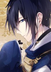 Rule 34 | 1boy, bishounen, black gloves, black hair, blue eyes, brown background, closed mouth, commentary request, floral background, gloves, hair between eyes, hair ornament, japanese clothes, kariginu, light smile, long sleeves, looking at viewer, looking to the side, male focus, mikazuki munechika, mochizuki shiina, profile, sayagata, sleeves past wrists, solo, touken ranbu, upper body