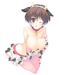 Rule 34 | 10s, 1girl, animal ears, animal print, bad id, bad pixiv id, bell, blush, breasts, brown eyes, brown hair, collar, cow ears, cow horns, cow print, cowbell, cum, cum on body, cum on breasts, cum on upper body, elbow gloves, gloves, headset, horns, idolmaster, idolmaster cinderella girls, large breasts, neck bell, nipples, oikawa shizuku, open mouth, pink thighhighs, shiraae, short hair, simple background, smile, solo, thighhighs, topless, white background