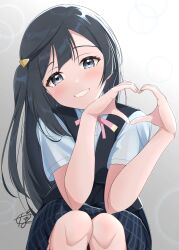 Rule 34 | aqua eyes, artist name, black hair, blue shirt, blue vest, blush, bright09, bubble background, commentary request, elbows on knees, gradient background, grey background, hair ornament, hairclip, head tilt, heart, heart hands, highres, knees, long hair, looking at viewer, love live!, love live! nijigasaki high school idol club, neck ribbon, nijigasaki school uniform, plaid clothes, plaid skirt, red ribbon, ribbon, school uniform, shirt, side ponytail, signature, skirt, smile, twitter username, very long hair, vest, yuki setsuna