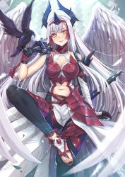 Rule 34 | 1girl, absurdres, animal, animal on hand, armor, bare shoulders, bird, bird on hand, black gloves, blunt bangs, blush, breasts, cleavage, clothing cutout, commentary request, covered collarbone, cowboy shot, crow, detached sleeves, dress, fate/grand order, fate (series), feathered wings, gloves, gu li, hair between eyes, highres, horns, kiichi hougen (fate), long hair, looking at viewer, navel, navel cutout, parted lips, pointy ears, red armor, removing mask, sidelocks, single detached sleeve, smile, solo focus, standing, standing on one leg, very long hair, weapon, white dress, white hair, wings, yellow eyes