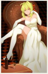 Rule 34 | 10s, 1girl, absurdres, alcohol, alternate costume, armchair, bare shoulders, blonde hair, bottle, bow, braid, breasts, chair, checkered floor, choker, cleavage, crossed legs, crown braid, cup, dated, dress, drink, drinking glass, elbow gloves, fate/extra, fate (series), full body, gloves, hair bow, high heels, highres, long dress, long hair, looking at viewer, makise minami, medium breasts, nero claudius (fate), nero claudius (fate) (all), nero claudius (fate/extra), red bow, shoes, sitting, solo, strapless, strapless dress, thighhighs, white choker, white dress, white footwear, white gloves, white thighhighs, wine, wine bottle, wine glass, yellow eyes