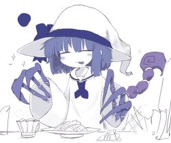 Rule 34 | 1girl, :3, blue bow, blue hair, blue mouth, blue neckerchief, blunt ends, blush stickers, bow, claws, closed eyes, cup, dress, facing viewer, fang, food, hands up, hat, hat bow, limited palette, long sleeves, meal, monster girl, neckerchief, open mouth, original, sailor collar, sailor dress, scorpion tail, simple background, single sidelock, smile, solo, sparkle, tail, teacup, torosakana, wide sleeves, witch hat