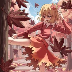 1girl aki_shizuha bare_legs blonde_hair blue_sky cloud cloudy_sky commentary_request day falling_leaves forest highres kicking leaf long_sleeves nature open_mouth orange_eyes orange_skirt outdoors praeto puffy_short_sleeves puffy_sleeves red_shirt shirt short_hair short_sleeves skirt sky solo touhou tree undershirt white_shirt