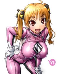 Rule 34 | 10s, 1girl, amania orz, bakuon!!, bell, bent over, biker clothes, bikesuit, blonde hair, bodysuit, breasts, covered erect nipples, hair bell, hair ornament, large breasts, looking at viewer, open mouth, pink bodysuit, shiny clothes, solo, suzunoki rin, twintails, white background
