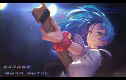 Rule 34 | 1girl, asahi rokka, bang dream!, blue hair, green eyes, guitar, highres, instrument, letterboxed, regition, smile, sweat