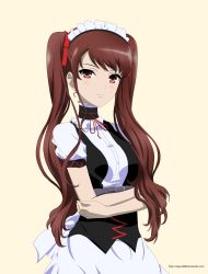 Rule 34 | 10s, 1girl, absurdres, akazawa izumi, another, brown background, brown eyes, brown hair, crossed arms, hair ribbon, highres, long hair, looking at viewer, maid, maid headdress, neck ribbon, ponytail, red ribbon, regenald88, ribbon, signature, simple background, smile, solo, twintails