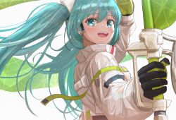 Rule 34 | aqua eyes, aqua hair, black gloves, bodysuit, covered navel, crop top, crop top overhang, cropped jacket, flag, flagpole, flame print, from side, gloves, green gloves, hair between eyes, hatsune miku, headgear, headphones, highres, holding, holding flag, holding pole, jacket, long hair, long sleeves, looking at viewer, norio (noriosub), open mouth, pole, race queen, racing miku, racing miku (2022), simple background, smile, smiley face, twintails, two-tone gloves, very long hair, vocaloid, white jacket