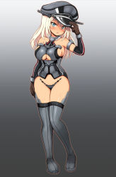 Rule 34 | 1girl, :o, adjusting clothes, adjusting headwear, anchor, arm at side, arm up, armlet, bismarck (kancolle), black footwear, blonde hair, blue eyes, blush, boots, breasts, brown gloves, clothing cutout, collar, collarbone, detached sleeves, frame arms girl, full body, gloves, gradient background, grey background, hair between eyes, hand on headwear, hat, head tilt, highres, hiraga daidai, kantai collection, long sleeves, looking at viewer, medium breasts, open mouth, peaked cap, sideboob, solo, standing, tan, thigh boots, thighhighs, underboob, underboob cutout