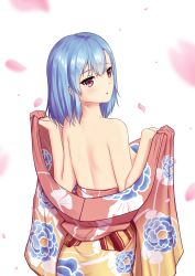 Rule 34 | 1girl, :o, absurdres, arms up, back, bad id, bad pixiv id, bare arms, bare back, blue hair, blurry, blush, breasts, clothes down, depth of field, expressionless, female focus, floral print, from behind, hair between eyes, highres, holding, holding clothes, japanese clothes, kimono, looking at viewer, looking back, medium breasts, nearoul kishi, neck, off shoulder, open mouth, original, petals, red eyes, short hair, shoulder blades, simple background, solo, standing, thick eyebrows, topless, undressing, upper body, white background, yukata