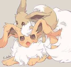 Rule 34 | animal, animal focus, animal on head, blush, brown eyes, claws, creatures (company), eevee, fangs, flareon, fluffy, game freak, gen 1 pokemon, grey background, hideko (l33l3b), highres, lying, nintendo, no humans, on head, on stomach, open mouth, pawpads, pokemon, pokemon (creature), signature, simple background, sweatdrop, tearing up, tears, white fur