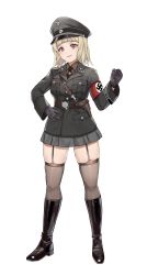 Rule 34 | 1girl, absurdres, armband, black footwear, black gloves, black hat, blonde hair, boots, commission, full body, garter straps, gloves, hat, highres, long sleeves, microskirt, military, military uniform, nazi, original, peaked cap, pixiv commission, pleated skirt, red eyes, short hair, skindentation, skirt, solo, standing, swastika, thighhighs, thighhighs under boots, unicron (brous), uniform, world war ii