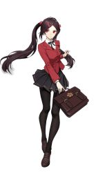 Rule 34 | 1girl, bag, black bow, black footwear, black pantyhose, black skirt, bow, breasts, brown hair, collared shirt, holding, holding bag, looking to the side, medium breasts, multicolored hair, ning (smc), official art, pantyhose, red eyes, red hair, school bag, shirt, shoes, skirt, solo, streaked hair, super mecha champions, transparent background, white shirt