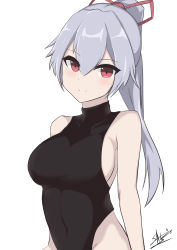 Rule 34 | 1girl, absurdres, bare arms, bare shoulders, black leotard, breasts, closed mouth, commentary request, covered collarbone, covered navel, fate/grand order, fate (series), grey hair, hair between eyes, hair ribbon, heattech leotard, high ponytail, highres, large breasts, leotard, long hair, looking at viewer, ponytail, red eyes, red ribbon, ribbon, sato art, sidelocks, signature, simple background, smile, solo, tomoe gozen (fate), turtleneck, white background