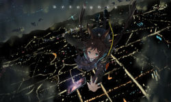 Rule 34 | 1girl, akdove, amiya (arknights), animal ear fluff, animal ears, arknights, black pantyhose, blue eyes, blue skirt, brown hair, cityscape, commentary request, copyright name, falling, frills, highres, jacket, jewelry, long hair, long sleeves, multiple rings, night, night sky, outdoors, outstretched arms, pantyhose, phone, plaid, plaid skirt, rabbit girl, reaching, reaching towards viewer, ring, scenery, shoes, skirt, sky, solo, tears