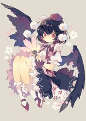 Rule 34 | 1girl, bird wings, black hair, black skirt, black wings, blush, cherry blossoms, closed mouth, feathered wings, full body, grey background, hair between eyes, hand fan, hat, hauchiwa, highres, holding, holding fan, nikorashi-ka, one-hour drawing challenge, pom pom (clothes), puffy short sleeves, puffy sleeves, red eyes, red hat, shameimaru aya, shirt, short hair, short sleeves, simple background, skirt, solo, tokin hat, touhou, white shirt, wings