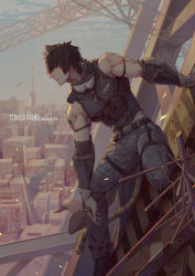 Rule 34 | 1boy, animal ears, arknights, artist name, belt, black hair, black shirt, blue sky, broca (arknights), brown gloves, building, camouflage, camouflage pants, cat boy, cat ears, cat tail, city, cityscape, closed mouth, cloud, commentary request, crane (machine), dated, day, full body, gloves, goggles, goggles around neck, grey pants, highres, jokerpang, looking to the side, male focus, muscular, muscular male, outdoors, pants, shirt, short hair, sky, sleeveless, sleeveless shirt, smoke, solo, tail