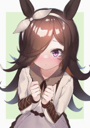 Rule 34 | 1girl, :o, absurdres, animal ears, black ribbon, blush, brown hair, collared shirt, commentary request, deko isu, dress, green background, grey background, grey dress, grey hairband, grey ribbon, hair over one eye, hair ribbon, hairband, hands up, highres, horse ears, long hair, long sleeves, looking at viewer, neck ribbon, nose blush, parted lips, puffy long sleeves, puffy sleeves, purple eyes, ribbon, rice shower (umamusume), shirt, solo, two-tone background, umamusume, upper body, very long hair