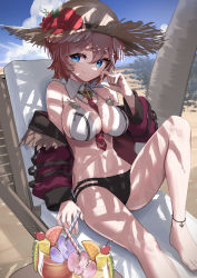 Rule 34 | 1girl, absurdres, anklet, arimoto wataru, bare shoulders, barefoot, beach, beach chair, between breasts, bikini, black choker, blue eyes, breasts, brooch, cherry, choker, closed mouth, cocktail glass, cup, detached collar, drinking glass, drinking straw, flower, food, fruit, furrowed brow, grapefruit, grapefruit slice, hair between eyes, hand up, hat, hat flower, hibiscus, highres, hololive, jacket, jewelry, knee up, large breasts, leaning back, legs, mismatched bikini, navel, necktie, necktie between breasts, off shoulder, orange (fruit), orange slice, pineapple, pineapple slice, pink hair, red flower, red jacket, red necktie, shade, short hair, sitting, smile, solo, stomach, straw hat, sun hat, swimsuit, takane lui, thighs, tree, virtual youtuber, wing collar, wing ornament