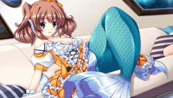 Rule 34 | 1girl, artist request, blue eyes, blush, breasts, brown hair, cleavage, couch, fins, game cg, head fins, looking at viewer, medium breasts, medium hair, mermaid, monster girl, monster musume no iru nichijou, monster musume no iru nichijou online, official art, on couch, open clothes, open mouth, open shirt, pillow, rui (monster musume), solo
