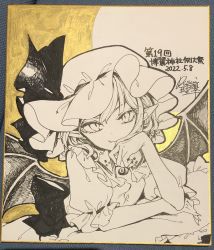 Rule 34 | 1girl, bat wings, commentary request, fang, fang out, hand up, hat, hat ribbon, highres, looking at viewer, mob cap, monochrome, pointy ears, remilia scarlet, ribbon, risui (suzu rks), shikishi, shirt, short hair, short sleeves, signature, solo, touhou, traditional media, translation request, upper body, wings