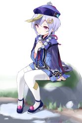 Rule 34 | 1girl, bad id, bad pixiv id, blue dress, blue footwear, braid, closed mouth, commentary request, cropped jacket, dress, full body, genshin impact, hair between eyes, hair ornament, hand up, hat, highres, jacket, long hair, long sleeves, looking away, ofuda, purple eyes, purple hair, purple hat, purple jacket, qingdai guanmao, qiqi (genshin impact), rock, shengtian, shoes, single braid, sitting, solo, thighhighs, very long hair, white background, white thighhighs, wide sleeves