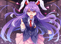 Rule 34 | 1girl, animal ears, blazer, rabbit ears, crescent, e.o., finger gun, indoors, jacket, light particles, long hair, looking at viewer, necktie, open mouth, pink skirt, pointing, pointing at viewer, purple hair, red eyes, reisen udongein inaba, skirt, solo, touhou, very long hair, wind, wooden floor