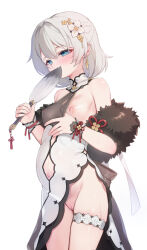 Rule 34 | 1girl, bare shoulders, big belly, blue eyes, breasts, censored, clothing aside, commentary request, covering own mouth, cowboy shot, dress, dress aside, flower, grey hair, hair between eyes, hair flower, hair ornament, highres, honkai (series), honkai impact 3rd, lactation, long hair, mosaic censoring, navel, nipples, outie navel, pregnant, pussy, simple background, small breasts, solo, tama (tamatamo), theresa apocalypse, thigh strap, white background, white dress