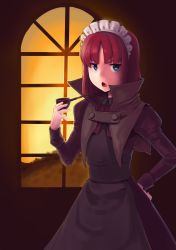 Rule 34 | &gt;:o, 1girl, :o, blue eyes, boa (brianoa), commentary, cosplay, dress, frown, hand on own hip, highres, hisui (tsukihime), holding, holding smoking pipe, looking away, maid, maid headdress, open mouth, purple dress, red hair, sherlock holmes, sherlock holmes (cosplay), short hair, smoking pipe, solo, sunset, the adventures of sherlock holmes, tsukihime, upper body, v-shaped eyebrows