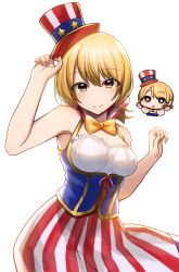 Rule 34 | 1girl, absurdres, arm up, bare arms, bare shoulders, blonde hair, bow, breasts, brown eyes, chibi, commentary request, hair between eyes, hand on headwear, hat, highres, hoshimiya aki, long hair, looking at viewer, medium breasts, multiple views, orange bow, original, shirt, simple background, skirt, star-shaped pupils, star (symbol), striped clothes, striped skirt, symbol-shaped pupils, tilted headwear, top hat, vertical-striped clothes, vertical-striped skirt, white background, white shirt