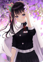 Rule 34 | 1girl, absurdres, belt, belt buckle, black hair, black jacket, black skirt, blurry, blurry foreground, buckle, butterfly hair ornament, cape, closed mouth, flower, hair ornament, highres, jacket, kimetsu no yaiba, long hair, looking at viewer, military jacket, petals, pleated skirt, purple eyes, purple flower, red ribbon, ribbon, saki (saki paint), side ponytail, skirt, sleeves rolled up, smile, solo, standing, tsuyuri kanao, white belt, white cape, wisteria