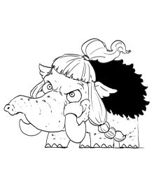 Rule 34 | animal focus, animalization, blacknirrow, blunt bangs, braid, chibi, constricted pupils, full body, greyscale, hair tie, head tilt, highres, jack (one piece), long hair, mammoth, monochrome, multi-tied hair, no humans, one piece, sidelocks, simple background, sketch, solo, standing, topknot, trunk, tusks, twin braids, twintails, white background