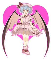 Rule 34 | 1girl, bad id, bad pixiv id, bat wings, blue hair, dadami, dress, female focus, full body, hat, heart, looking at viewer, mob cap, pink dress, puffy short sleeves, puffy sleeves, red eyes, remilia scarlet, shoes, short hair, short sleeves, silver hair, simple background, solo, standing, touhou, vampire, white background, wings