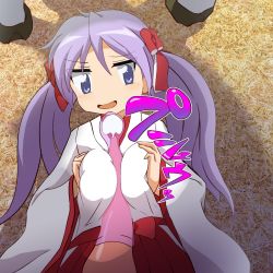 Rule 34 | 1girl, bestiality, blue eyes, blush, breasts, condom, cum, ejaculation, highres, hiiragi kagami, japanese clothes, large breasts, lucky star, miko, paizuri, purple hair, twintails, uwa~a