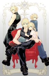 Rule 34 | 4boys, aged down, aiz00, aqua eyes, arm around back, baggy pants, bare arms, belt, black footwear, black pants, black shirt, blue eyes, blue pants, blue shirt, boots, border, brown footwear, chair, character name, cloud strife, crisis core final fantasy vii, crossed arms, crossed legs, dated, final fantasy, final fantasy vii, final fantasy vii advent children, final fantasy vii remake, grey shirt, hair between eyes, hand on another&#039;s chest, high collar, highres, layered shirt, leaning on object, looking at viewer, looking back, low ponytail, male focus, multiple belts, multiple boys, multiple persona, muscular, muscular male, open collar, pants, shirt, short hair, short hair with long locks, sitting, sitting on lap, sitting on person, sleeveless, sleeveless shirt, sleeveless turtleneck, sleeves rolled up, spiked hair, t-shirt, turtleneck, variations, white shirt