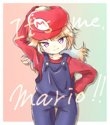 Rule 34 | 184man, 1girl, absurdres, aged down, collarbone, cosplay, english text, gradient hair, green hair, hand on own head, hand on own hip, hat, highres, hololive, hololive english, long sleeves, mario, mario (cosplay), mario (series), multicolored hair, nintendo, orange hair, overalls, oversized clothes, purple eyes, red hat, smirk, solo, takanashi kiara, v-shaped eyebrows, virtual youtuber