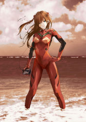 Rule 34 | 1girl, absurdres, artist request, bodysuit, breasts, brown hair, cassette player, floating hair, hair between eyes, hair ornament, hand on own hip, highres, lips, long hair, looking at viewer, neon genesis evangelion, pilot suit, plugsuit, red bodysuit, red theme, shiny clothes, skin tight, sky, solo, souryuu asuka langley, standing, two side up, very long hair, water, wide hips