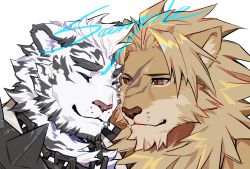 Rule 34 | 2boys, animal ears, arknights, bara, chain, chain necklace, character request, crossover, furry, furry male, furry with furry, heads together, highres, jewelry, li geduld, lion boy, lion ears, looking at another, male focus, mountain (arknights), multiple boys, muscular, muscular male, necklace, personification, portrait, rainbow six siege, scar, scar across eye, scar on face, short hair, smile, thick eyebrows, tiger boy, tiger ears, white fur, white hair, yaoi
