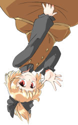Rule 34 | 1girl, arnest, black bow, black shirt, blonde hair, bow, brown dress, closed mouth, dress, female focus, hair bow, hand up, kurodani yamame, long sleeves, ponytail, red eyes, shirt, short hair, simple background, smile, solo, touhou, upper body, upside-down, white background