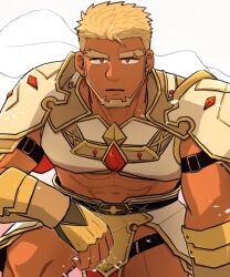 Rule 34 | 1boy, armor, bara, beard, blonde hair, breastplate, crave saga, dark-skinned male, dark skin, excalibur (crave saga), expressionless, eyebrow cut, facial hair, feet out of frame, forked eyebrows, large pectorals, light particles, looking at viewer, male focus, mature male, midriff, muscular, muscular male, nattukre, on one knee, pauldrons, pectorals, short hair, shoulder armor, solo, thick eyebrows