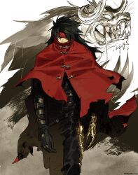 1boy belt black_gloves black_hair black_pants black_shirt cape clawed_gauntlets cloak covered_mouth drooling edpan fangs final_fantasy final_fantasy_vii floating_cape gauntlets gloves hair_over_one_eye headband high_collar highres horns long_hair looking_at_viewer male_focus monster multiple_belts pants red_cape red_cloak red_eyes red_headband saliva sharp_teeth shirt single_gauntlet teeth torn_cloak torn_clothes vincent_valentine walking