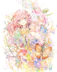 Rule 34 | 1girl, :d, bug, butterfly, cup, flower, highres, holding, holding cup, insect, kazuka, long hair, looking at viewer, nail polish, open mouth, original, painting (medium), pink hair, purple eyes, shell, smile, solo, teacup, traditional media, watercolor (medium), white background, wide sleeves