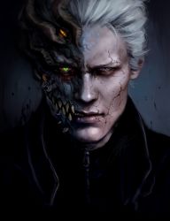 Rule 34 | 1boy, blue eyes, blue skin, closed mouth, colored skin, crack, cracked skin, devil may cry (series), devil may cry 5, extra eyes, extra teeth, face, glowing, glowing eyes, green eyes, male focus, omurizer, parted lips, signature, solo, spoilers, teeth, urizen (devil may cry), vergil (devil may cry), white hair, yellow eyes, zipper, zipper pull tab