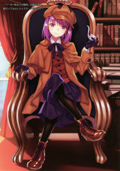 Rule 34 | 1girl, absurdres, black gloves, black pantyhose, black ribbon, black skirt, blouse, blurry, blurry background, bookshelf, boots, brown capelet, brown coat, brown footwear, brown hat, capelet, chair, coat, collared shirt, cosplay, dress shirt, fate/grand order, fate (series), full body, gloves, hat, head tilt, helena blavatsky (fate), highres, holding, indoors, long skirt, looking at viewer, matsuryuu, neck ribbon, open clothes, open coat, pantyhose, pink hair, pleated skirt, purple eyes, ribbon, sherlock holmes, sherlock holmes (cosplay), shirt, short hair, sitting, skirt, smile, smoking pipe, solo, the adventures of sherlock holmes, white shirt, wing collar